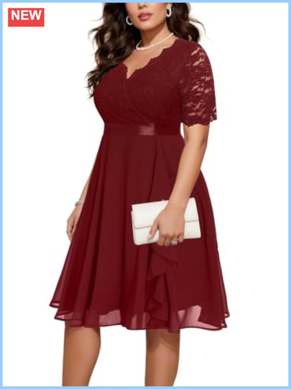 Plus Size Lace Chiffon Ruffle Tea Length Formal Dress
